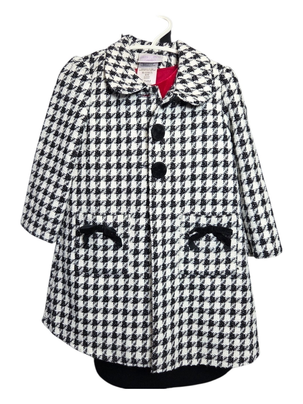 iris & ivy Black and White Houndstooth Pea Coat With Velvet Dress Size 24M